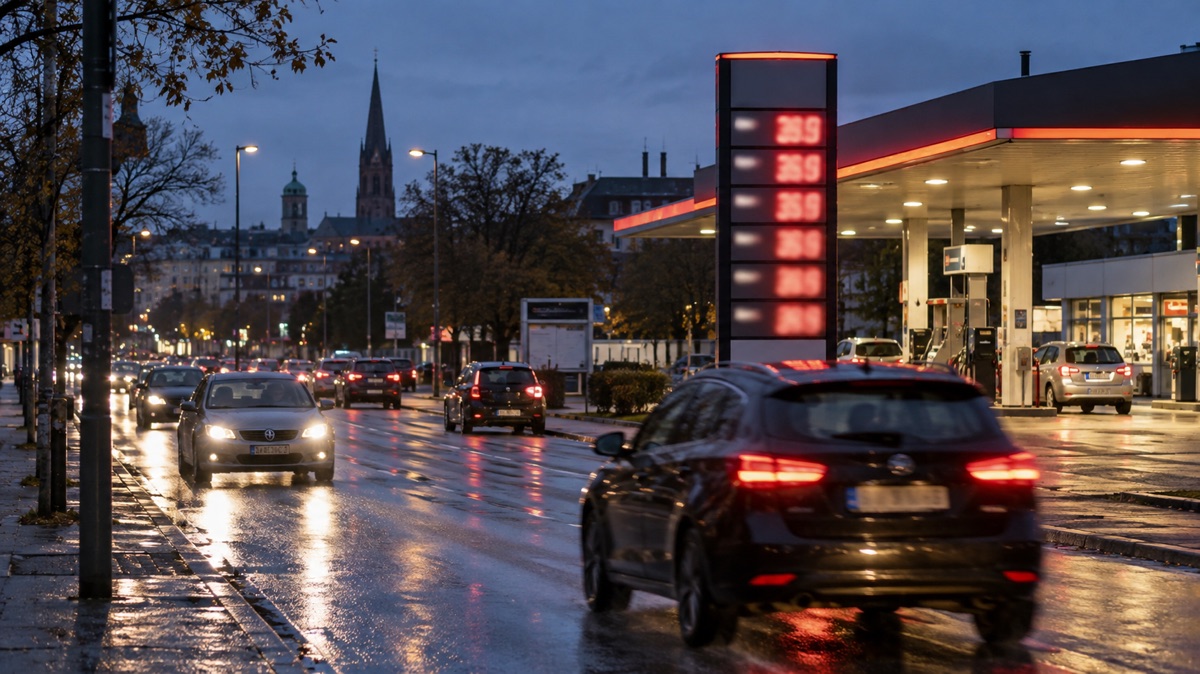 Tankstelle und Verkehr während angespannter Energiemärkte