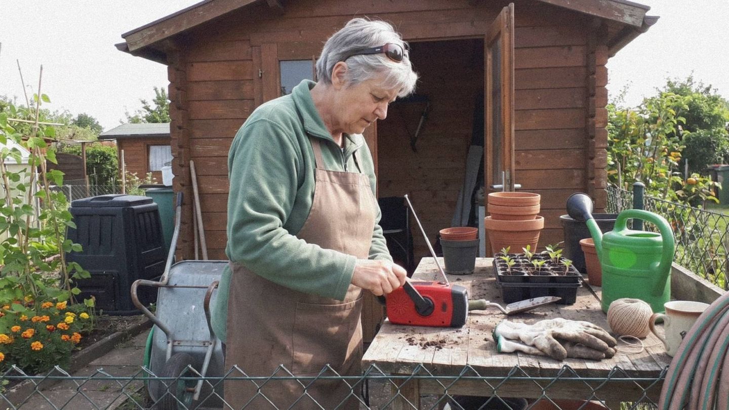 Frau kurbelt ein kleines Radio in einer Gartenhütte