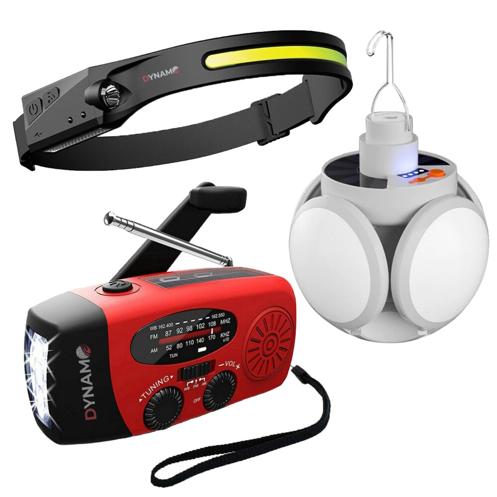 DYNAMO Notfallset Mittel: Stirnlampe, Blackout Profi Notfallradio und Polygon-Lampe